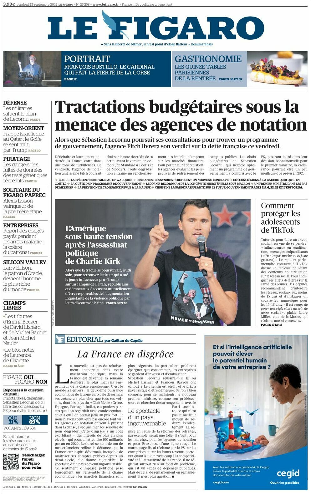 Le Figaro, edición del viernes 12 de septiembre de 2025