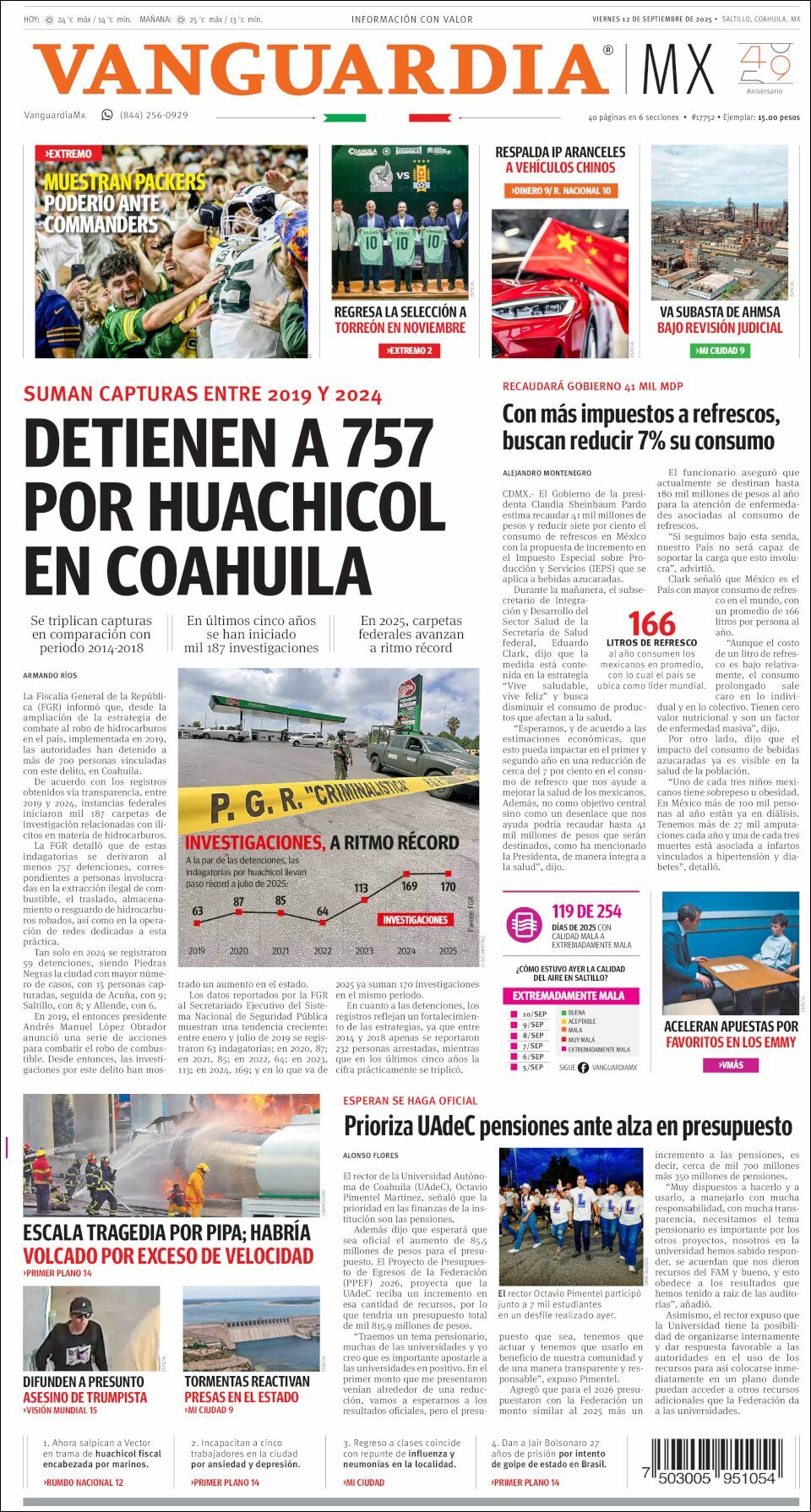 Vanguardia, edición del viernes 12 de septiembre de 2025
