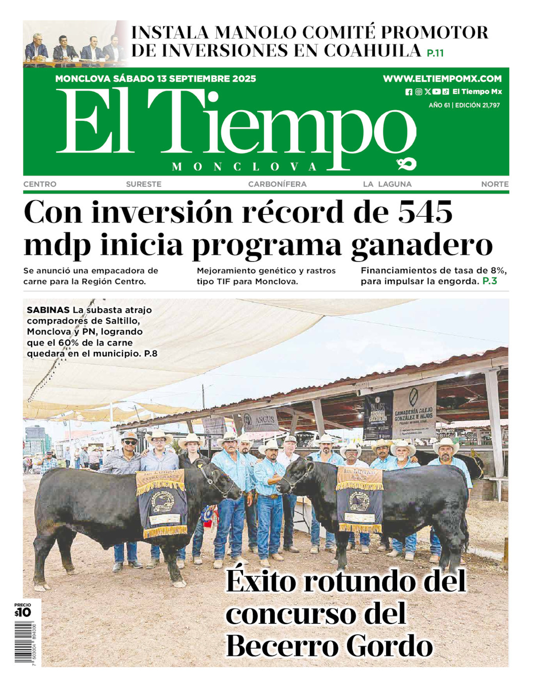 El Tiempo Monclova, edición del sábado 13 de septiembre de 2025