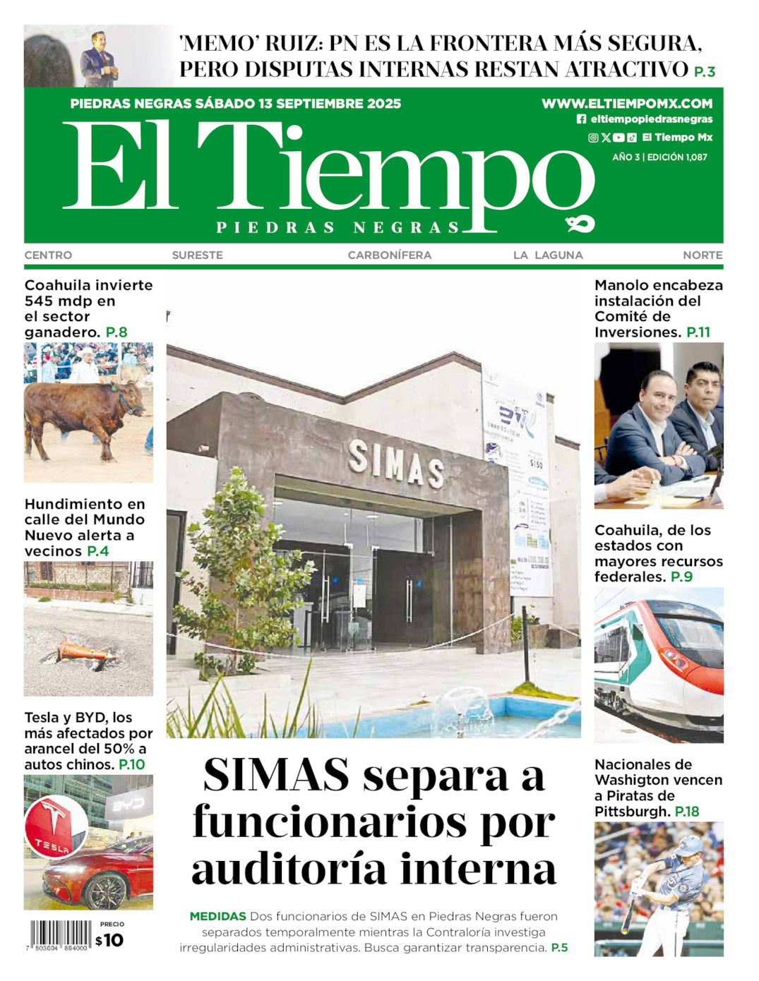 El Tiempo Piedras Negras, edición del sábado 13 de septiembre de 2025