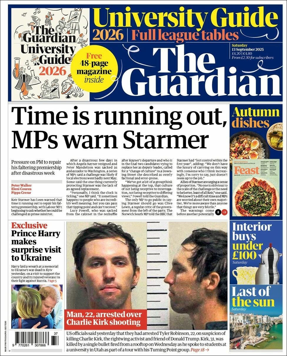 The Guardian, edición del sábado 13 de septiembre de 2025