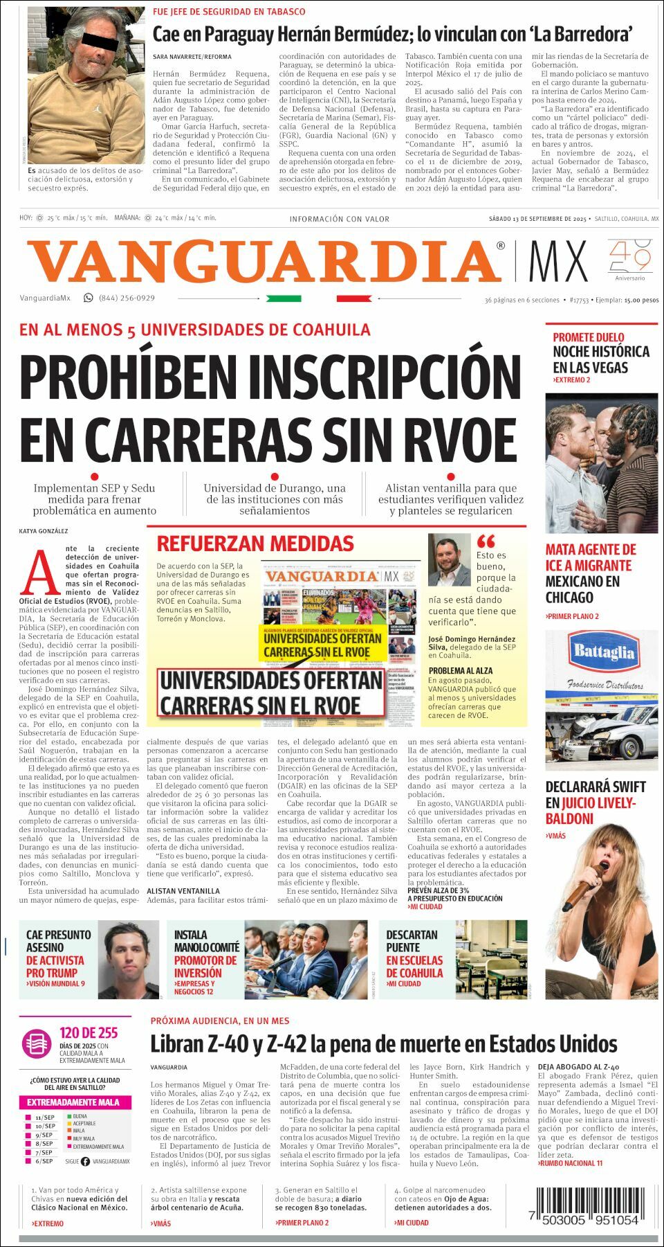 Vanguardia, edición del sábado 13 de septiembre de 2025