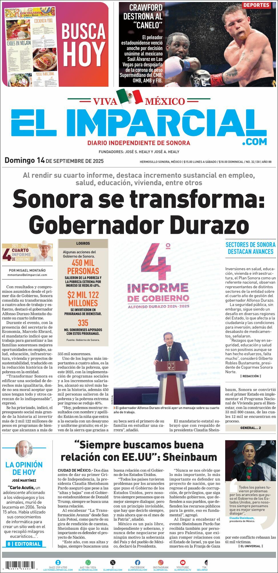 El Imparcial, edición del domingo 14 de septiembre de 2025