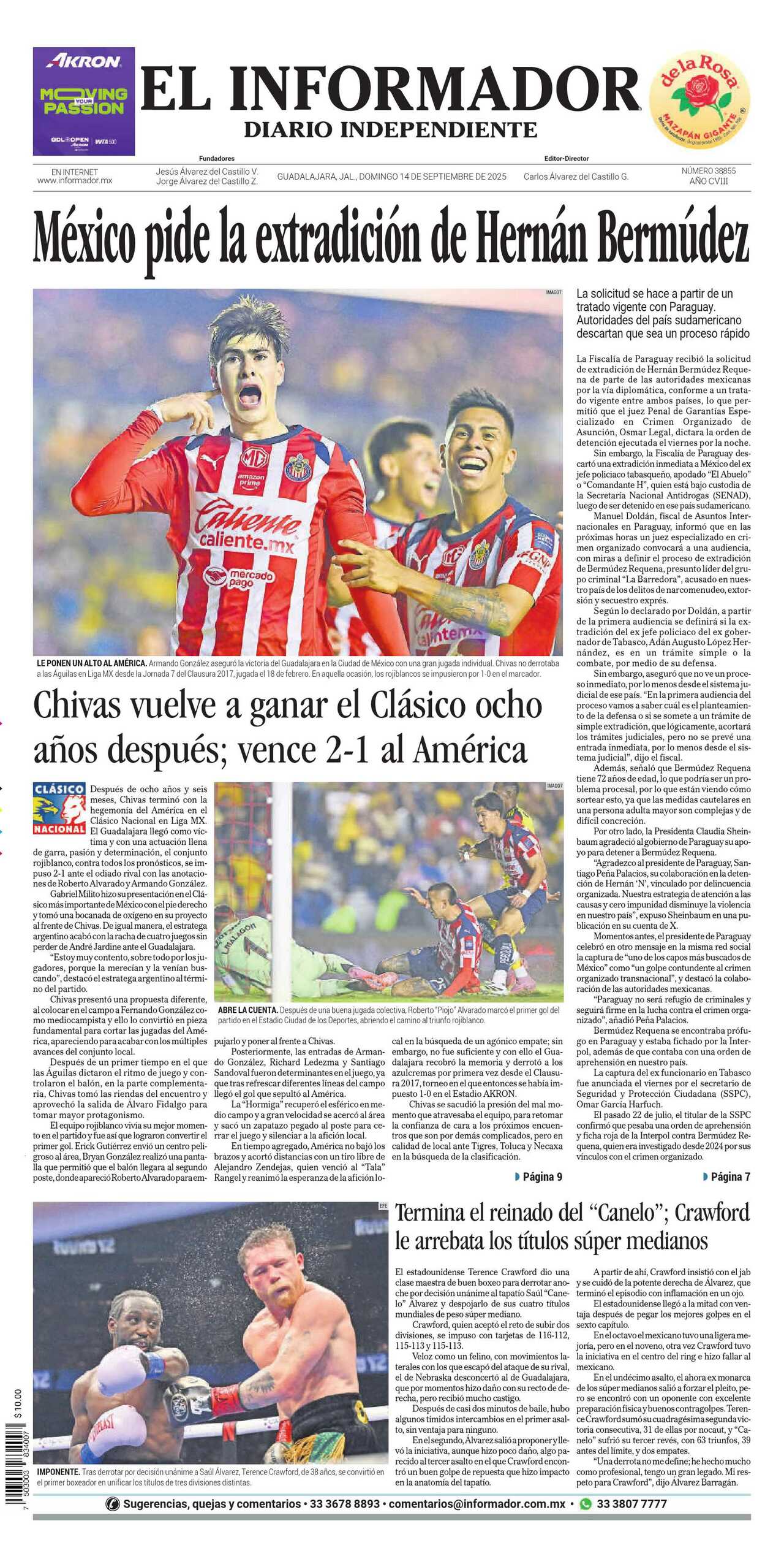 El Informador, edición del domingo 14 de septiembre de 2025
