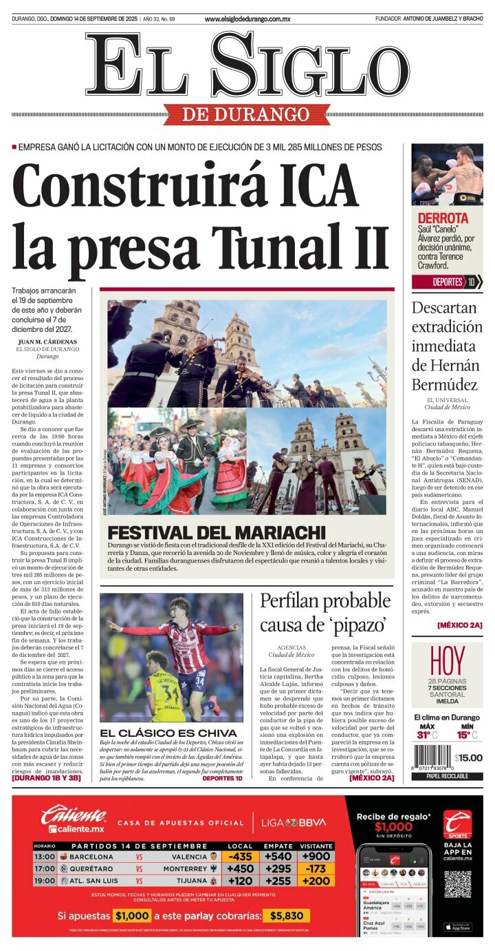 El Siglo de Durango, edición del domingo 14 de septiembre de 2025