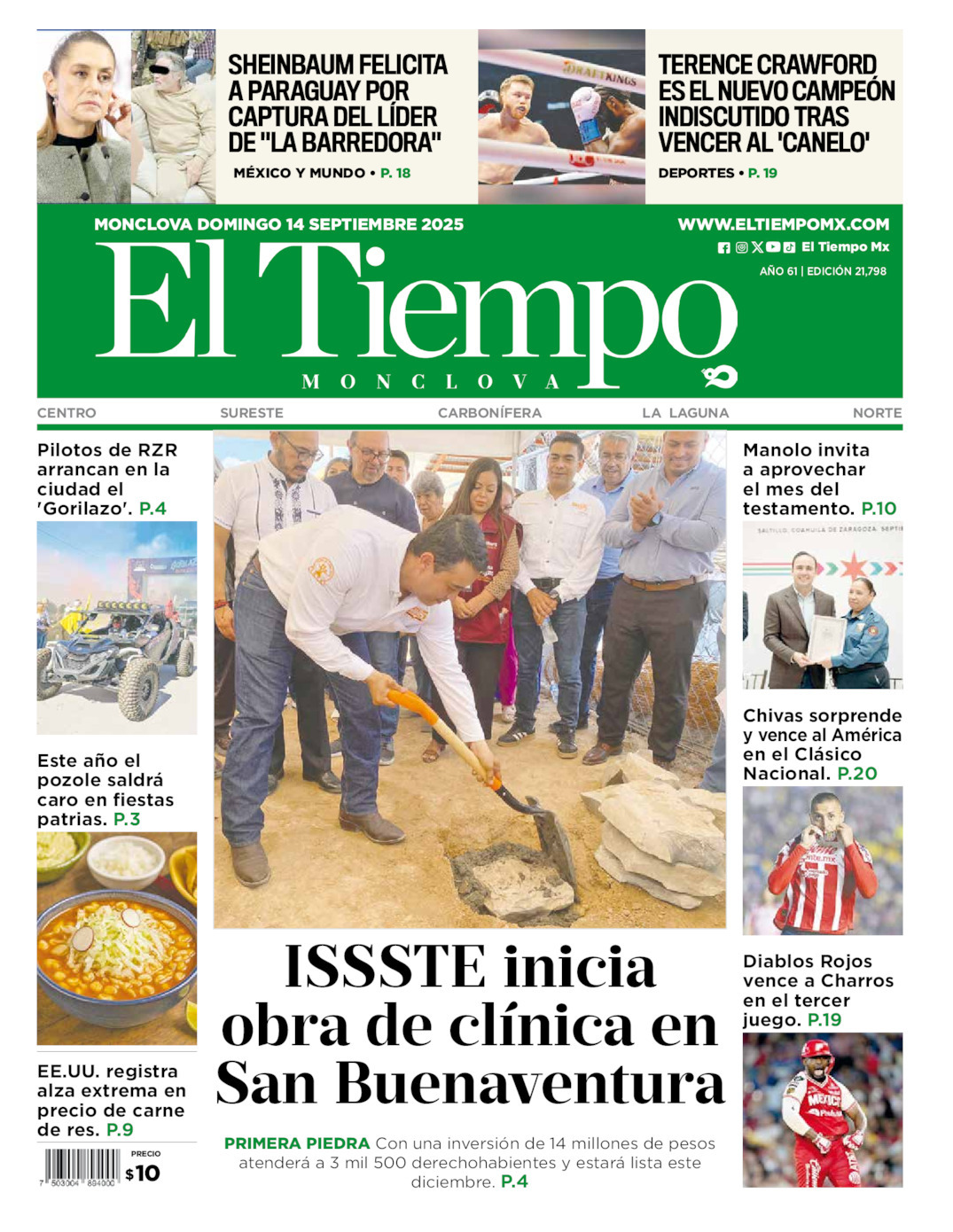 El Tiempo Monclova, edición del domingo 14 de septiembre de 2025