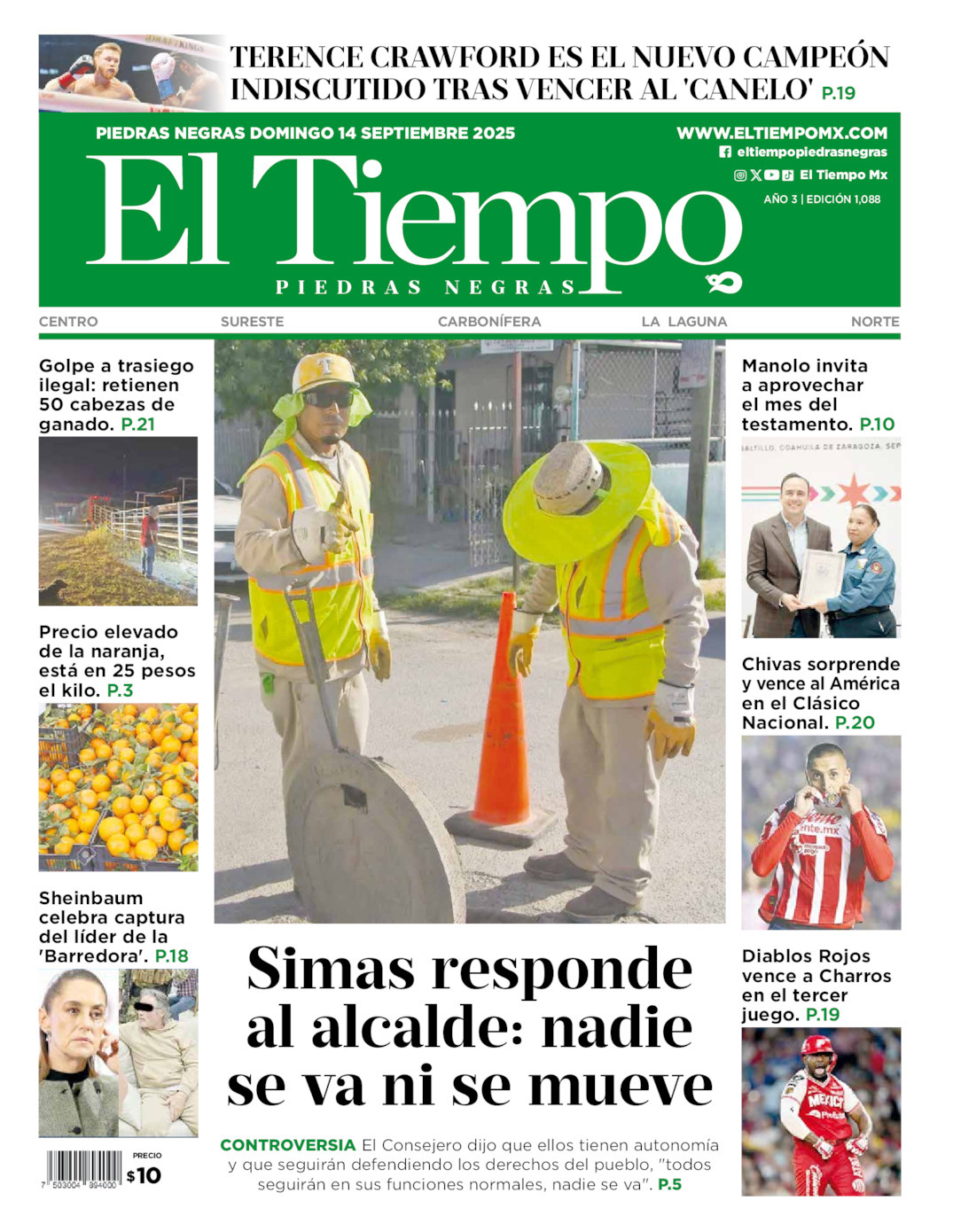 El Tiempo Piedras Negras, edición del domingo 14 de septiembre de 2025