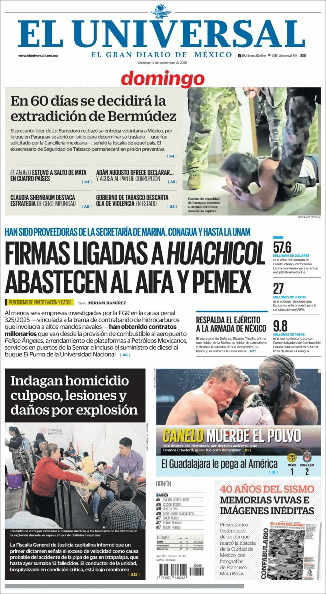 El Universal, edición del domingo 14 de septiembre de 2025