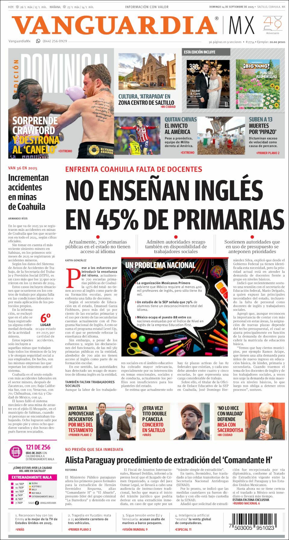 Vanguardia, edición del domingo 14 de septiembre de 2025
