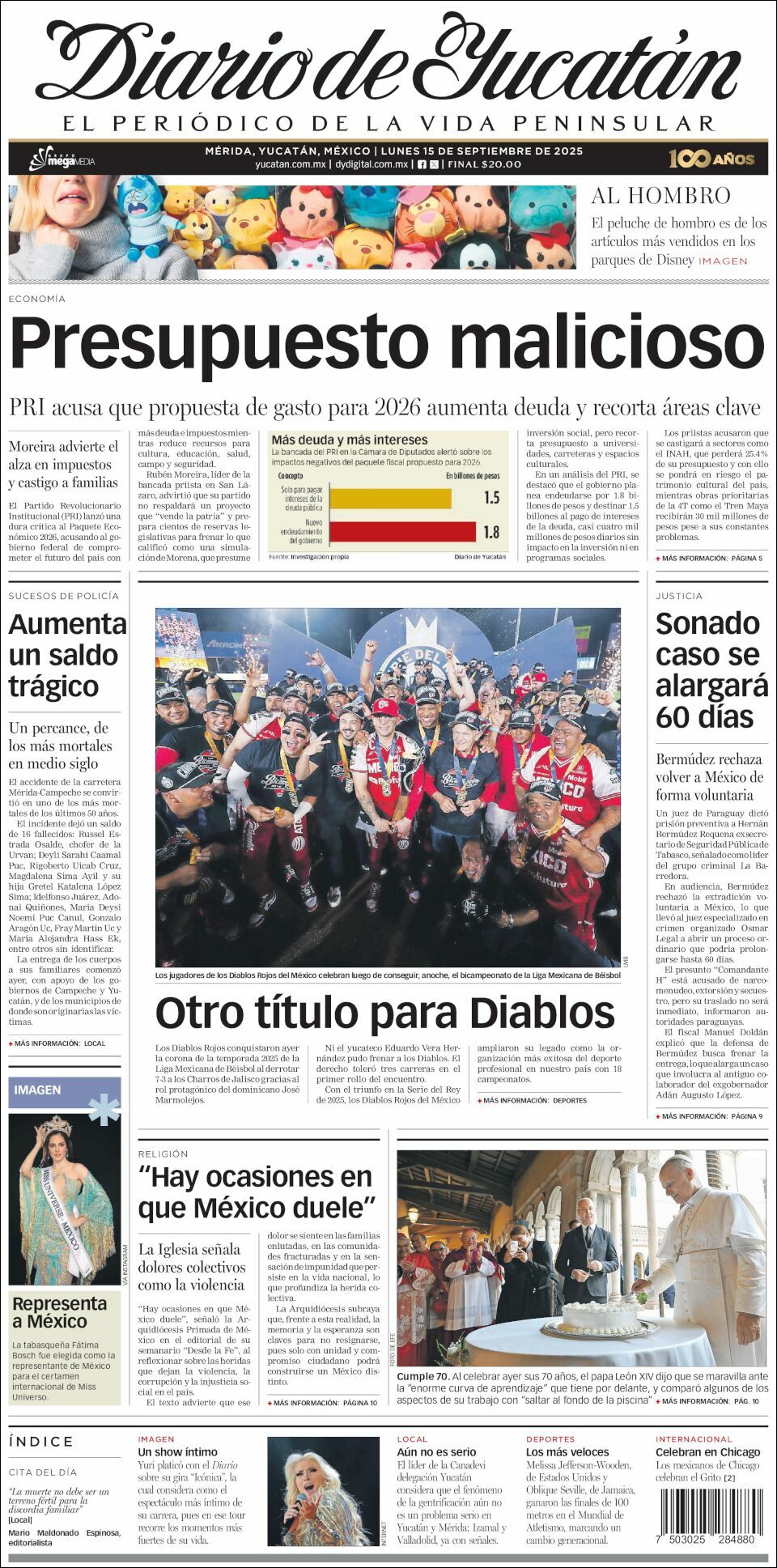 El Diario de Yucatán, edición del lunes 15 de septiembre de 2025