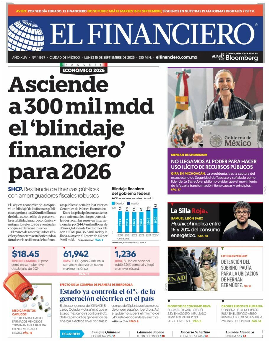El Financiero, edición del lunes 15 de septiembre de 2025