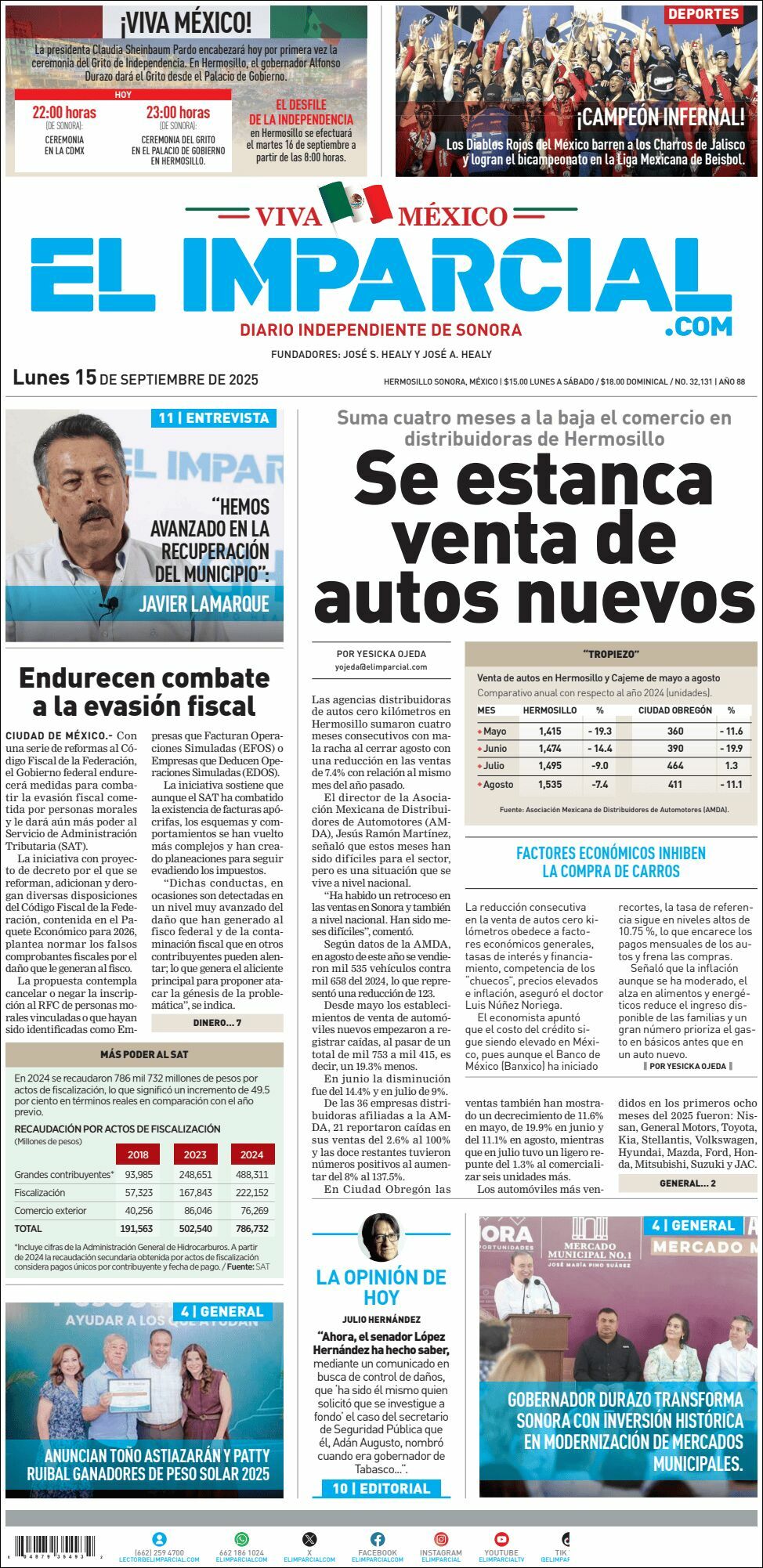 El Imparcial, edición del lunes 15 de septiembre de 2025