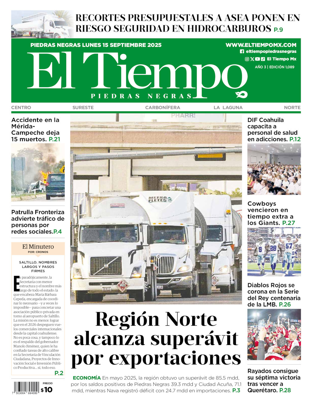 El Tiempo Piedras Negras, edición del lunes 15 de septiembre de 2025
