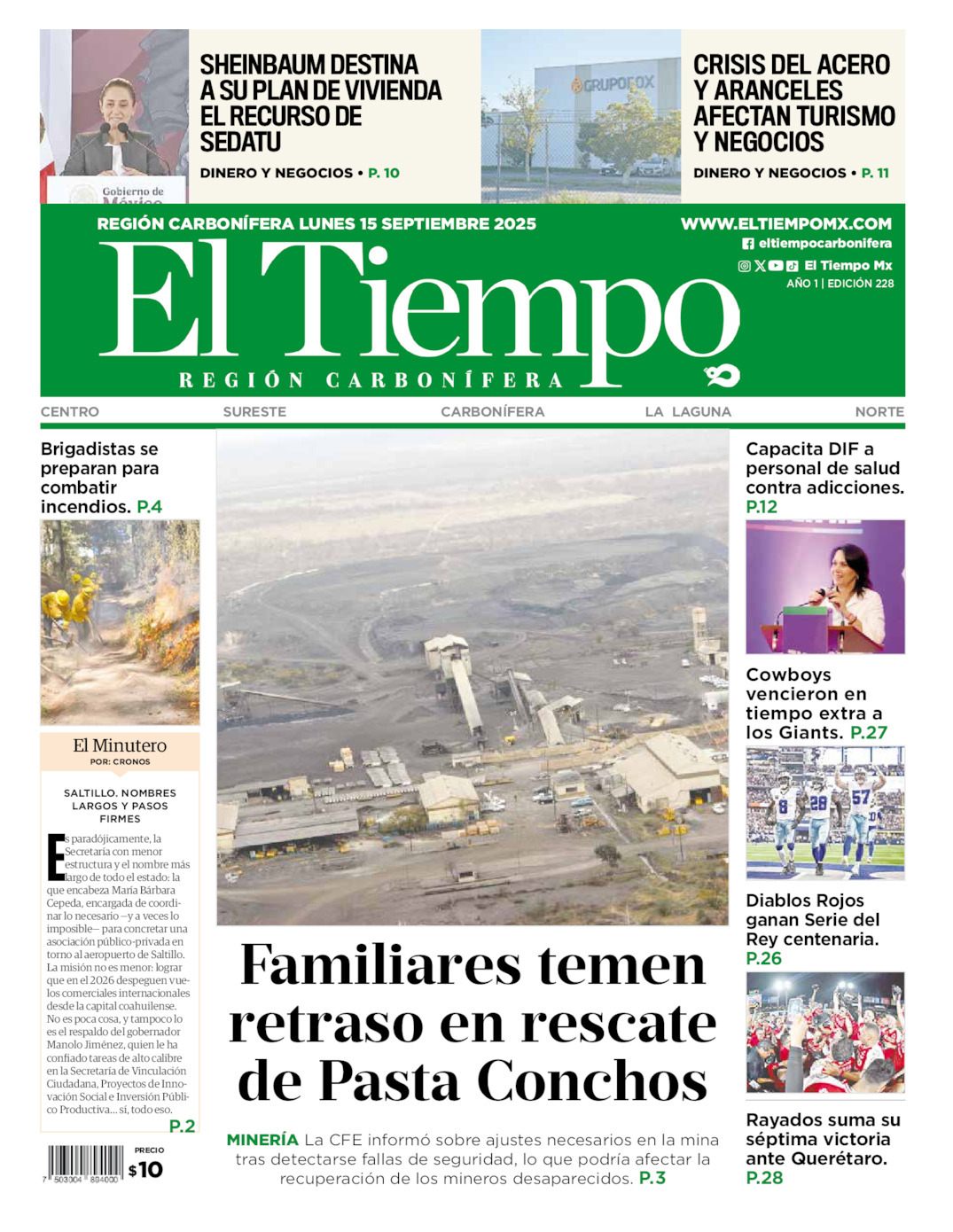 El Tiempo Región Carbonífera, edición del lunes 15 de septiembre de 2025