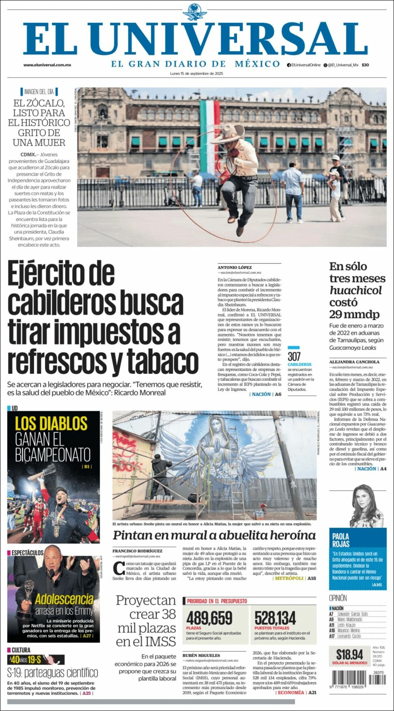El Universal, edición del lunes 15 de septiembre de 2025