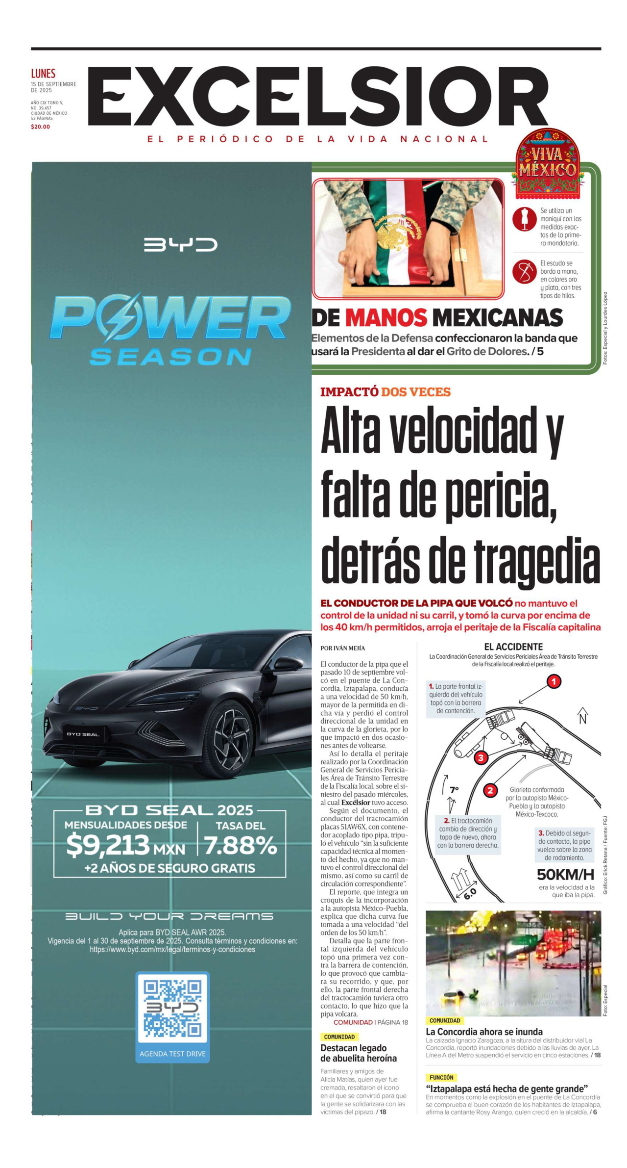 Excelsior, edición del lunes 15 de septiembre de 2025