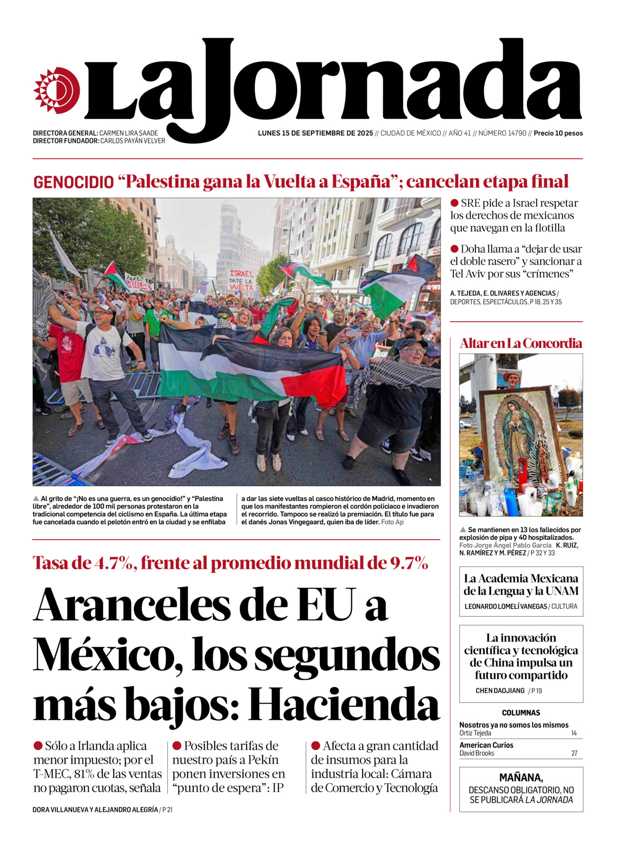 La Jornada, edición del lunes 15 de septiembre de 2025