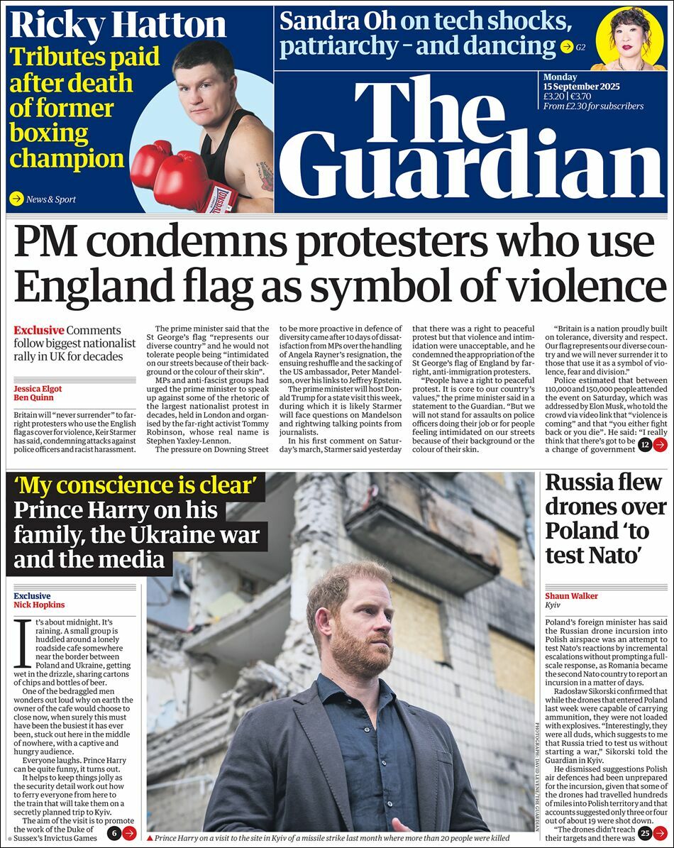 The Guardian, edición del lunes 15 de septiembre de 2025