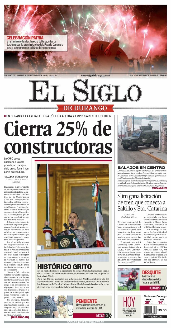 El Siglo de Durango, edición del martes 16 de septiembre de 2025 El Siglo de Durango, edición del martes 16 de septiembre de 2025