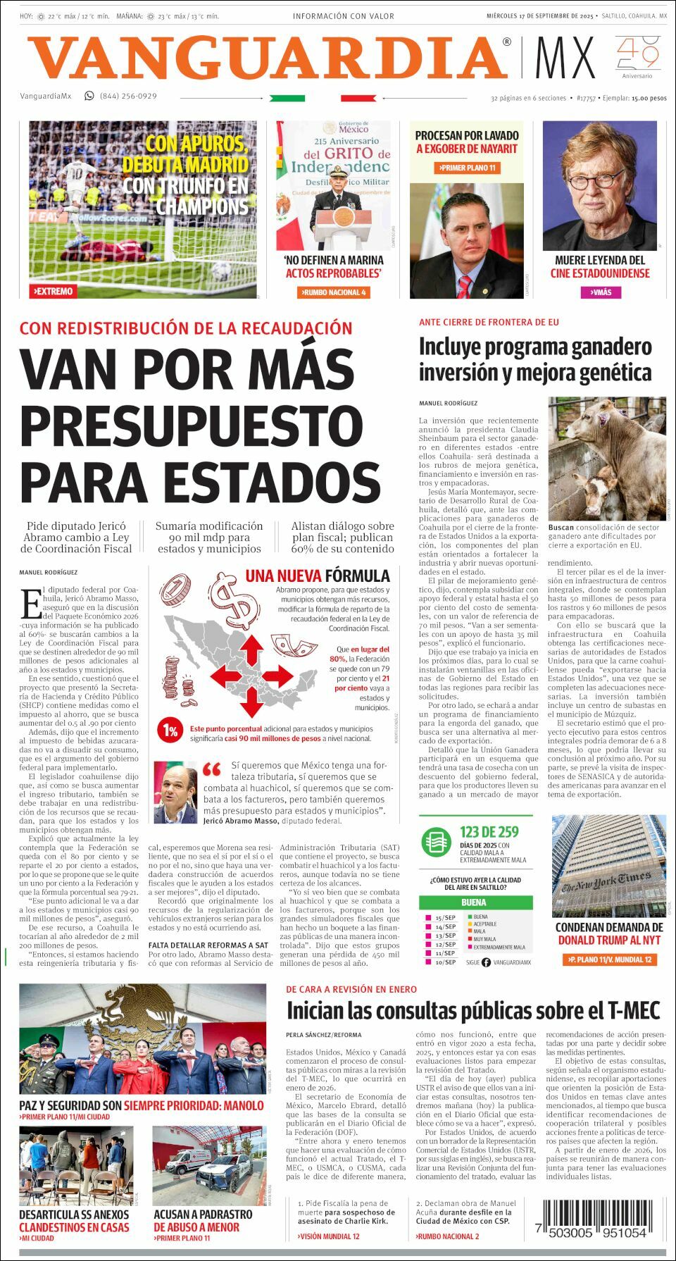 Vanguardia, edición del miércoles 17 de septiembre de 2025