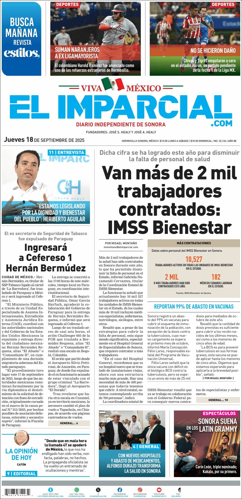 El Imparcial, edición del jueves 18 de septiembre de 2025