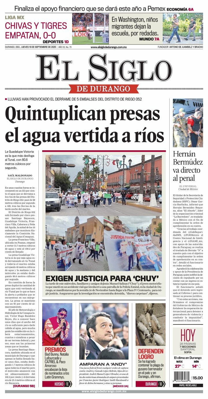El Siglo de Durango, edición del jueves 18 de septiembre de 2025