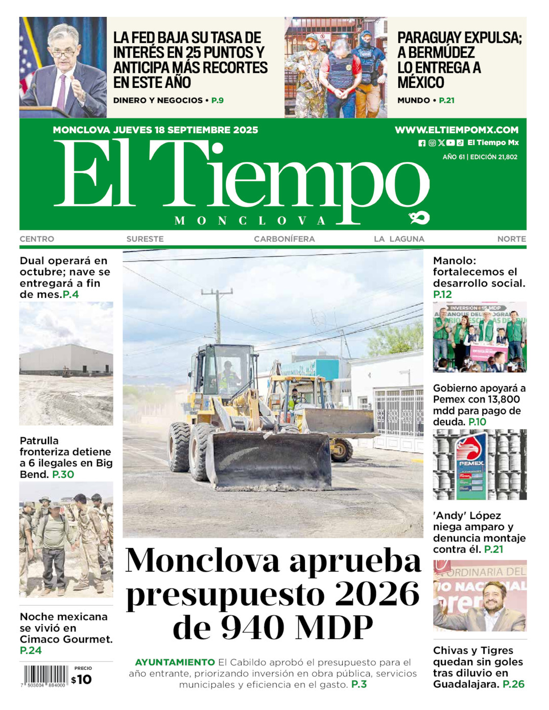 El Tiempo Monclova, edición del jueves 18 de septiembre de 2025