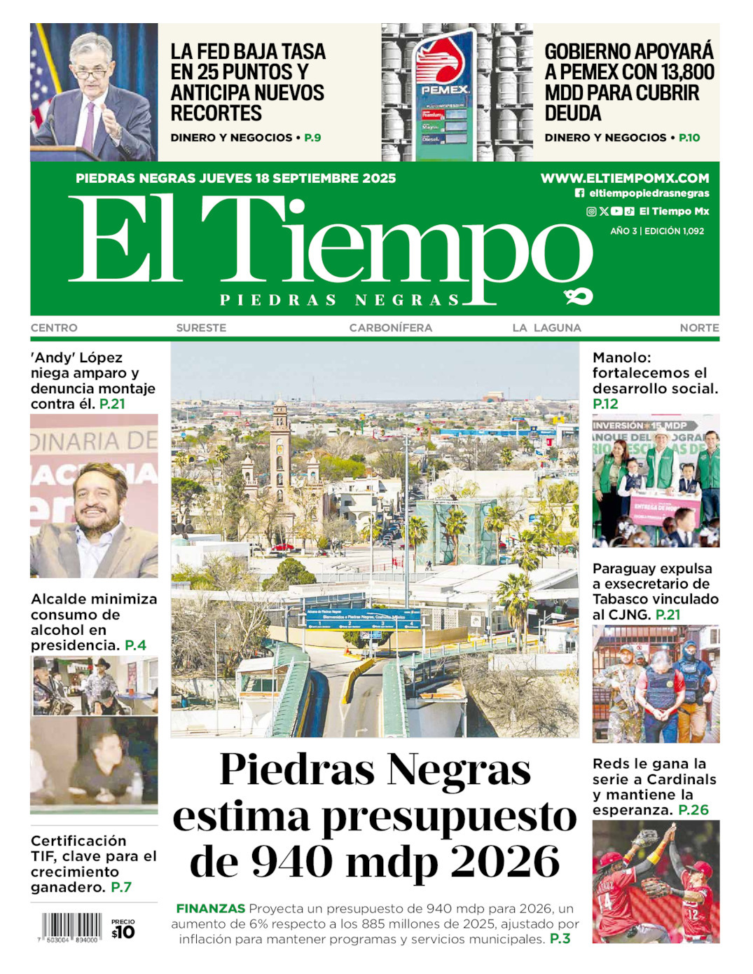 El Tiempo Piedras Negras, edición del jueves 18 de septiembre de 2025