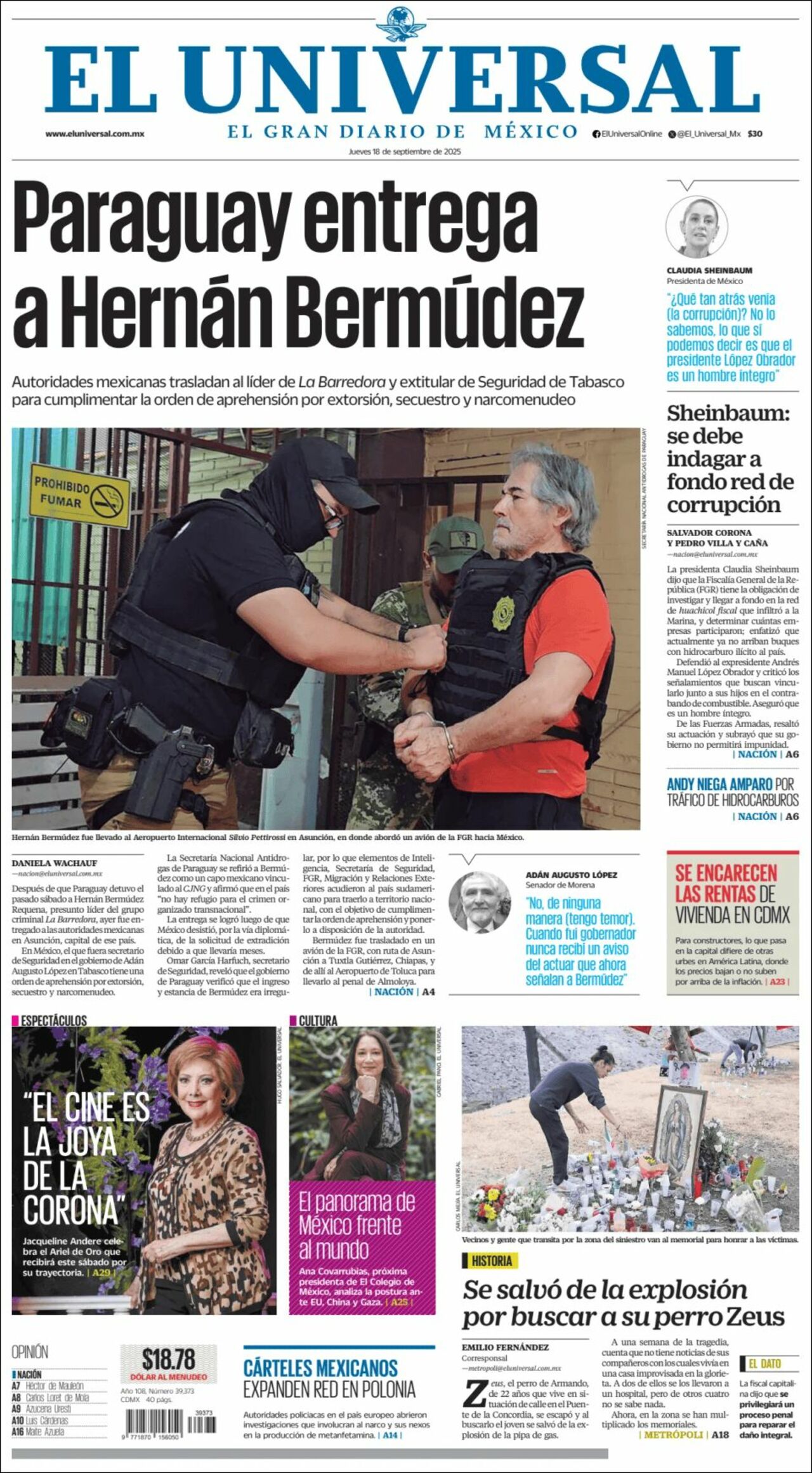 El Universal, edición del jueves 18 de septiembre de 2025