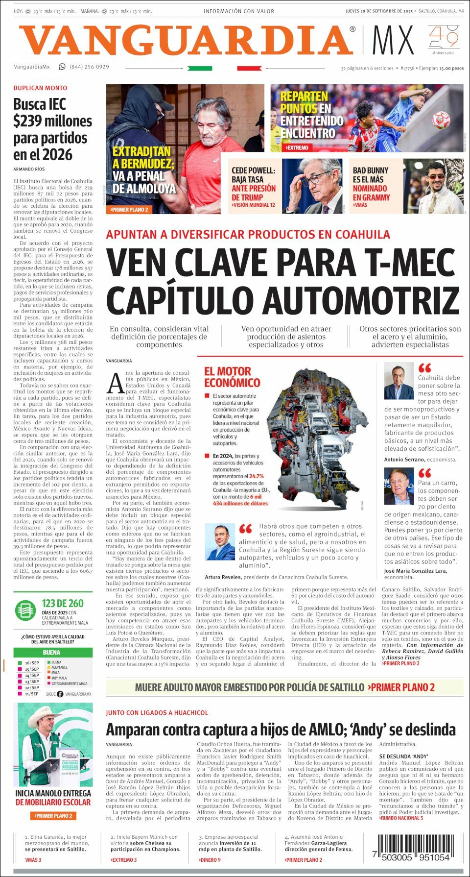 Vanguardia, edición del jueves 18 de septiembre de 2025