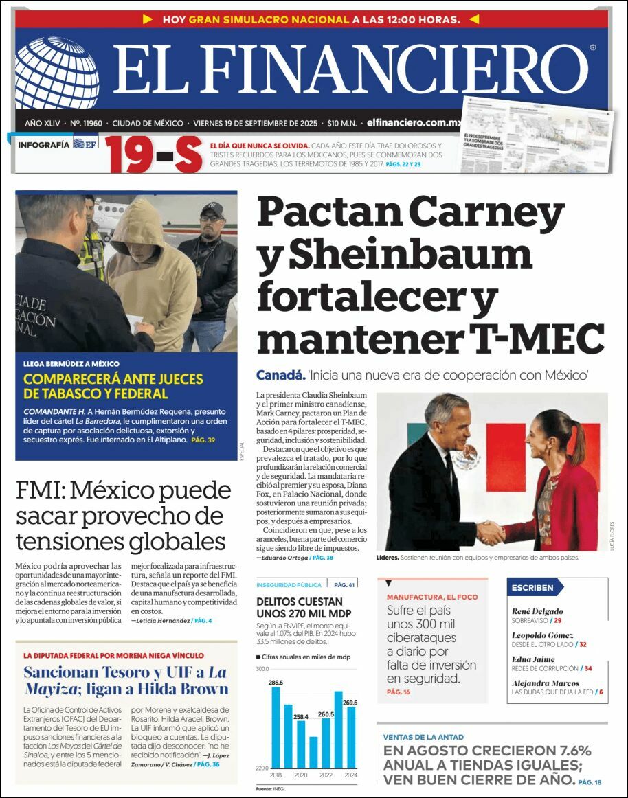 El Financiero, edición del viernes 19 de septiembre de 2025