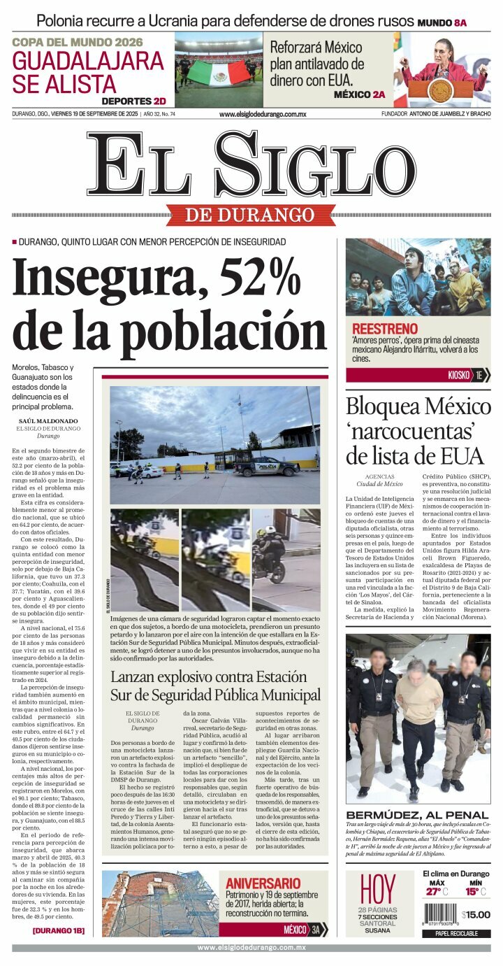El Siglo de Durango, edición del viernes 19 de septiembre de 2025