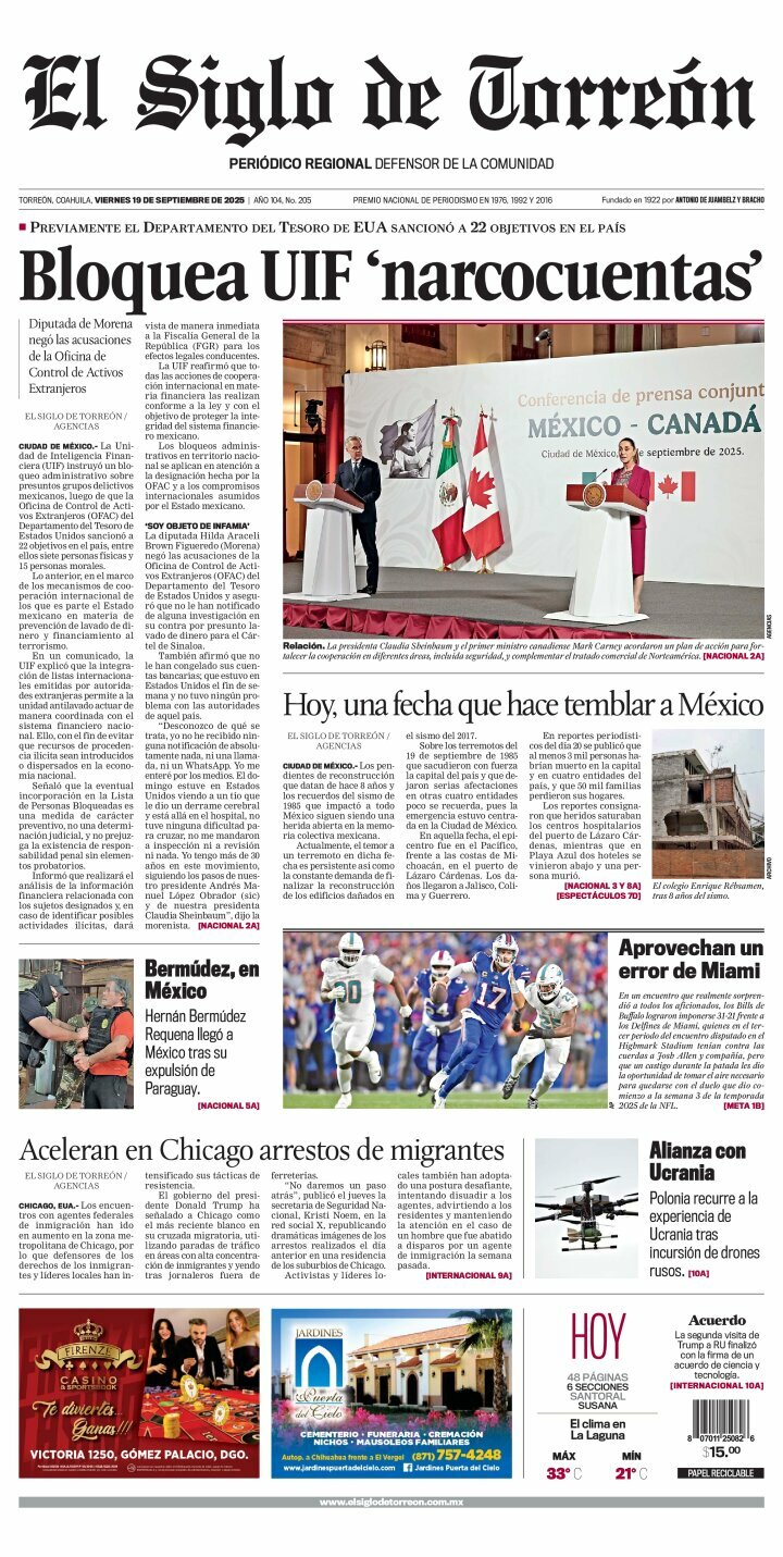 El Siglo de Torreón, edición del viernes 19 de septiembre de 2025