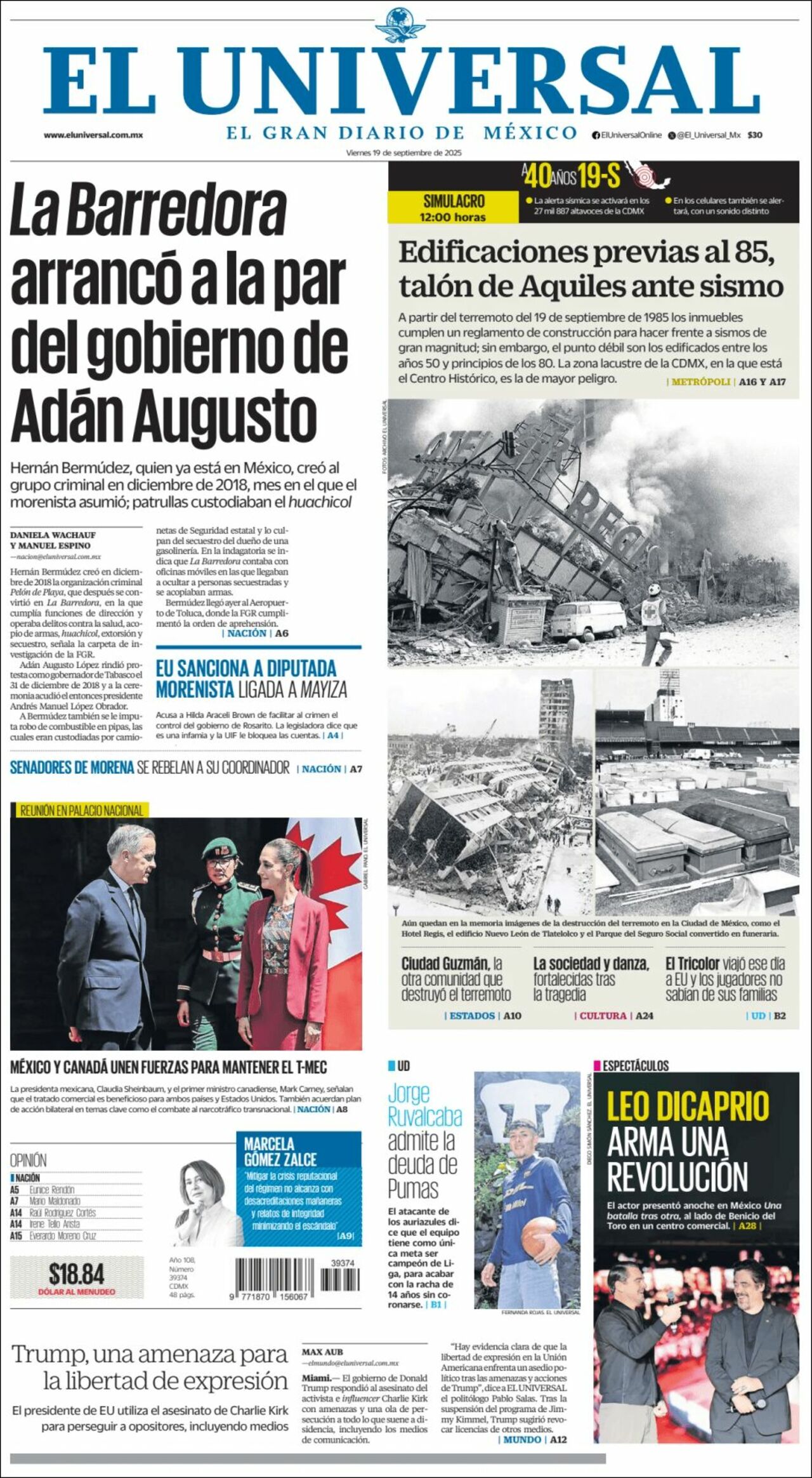 El Universal, edición del viernes 19 de septiembre de 2025