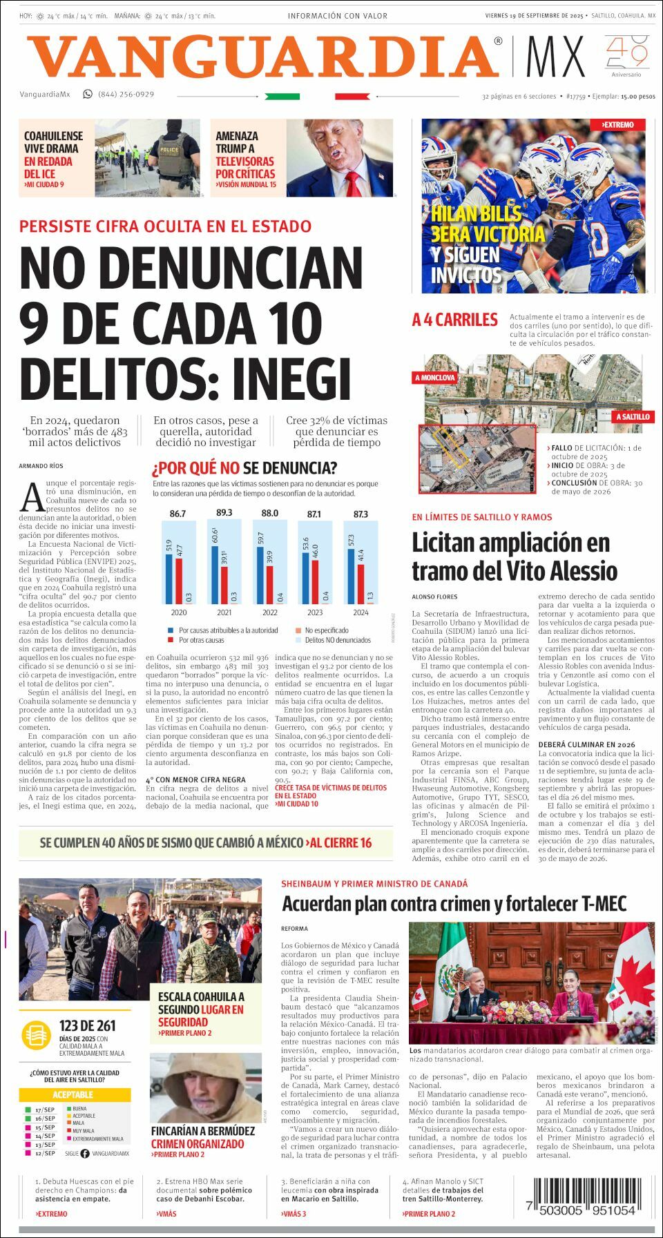 Vanguardia, edición del viernes 19 de septiembre de 2025