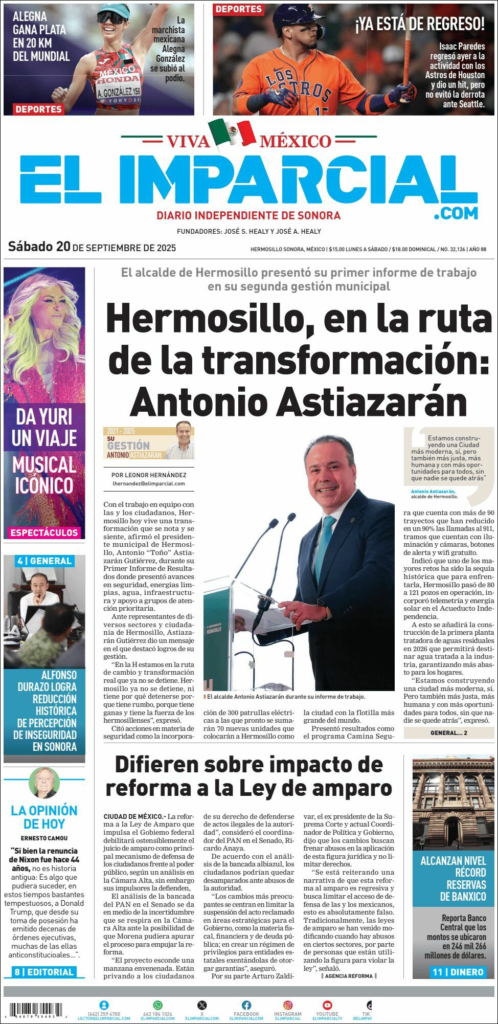 El Imparcial, edición del sábado 20 de septiembre de 2025