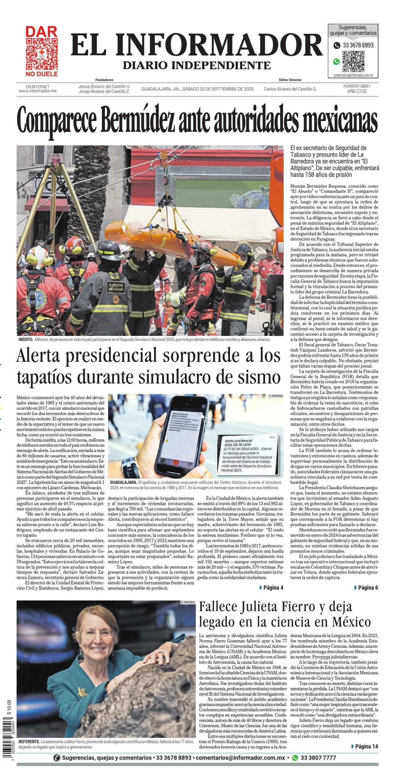El Informador, edición del sábado 20 de septiembre de 2025