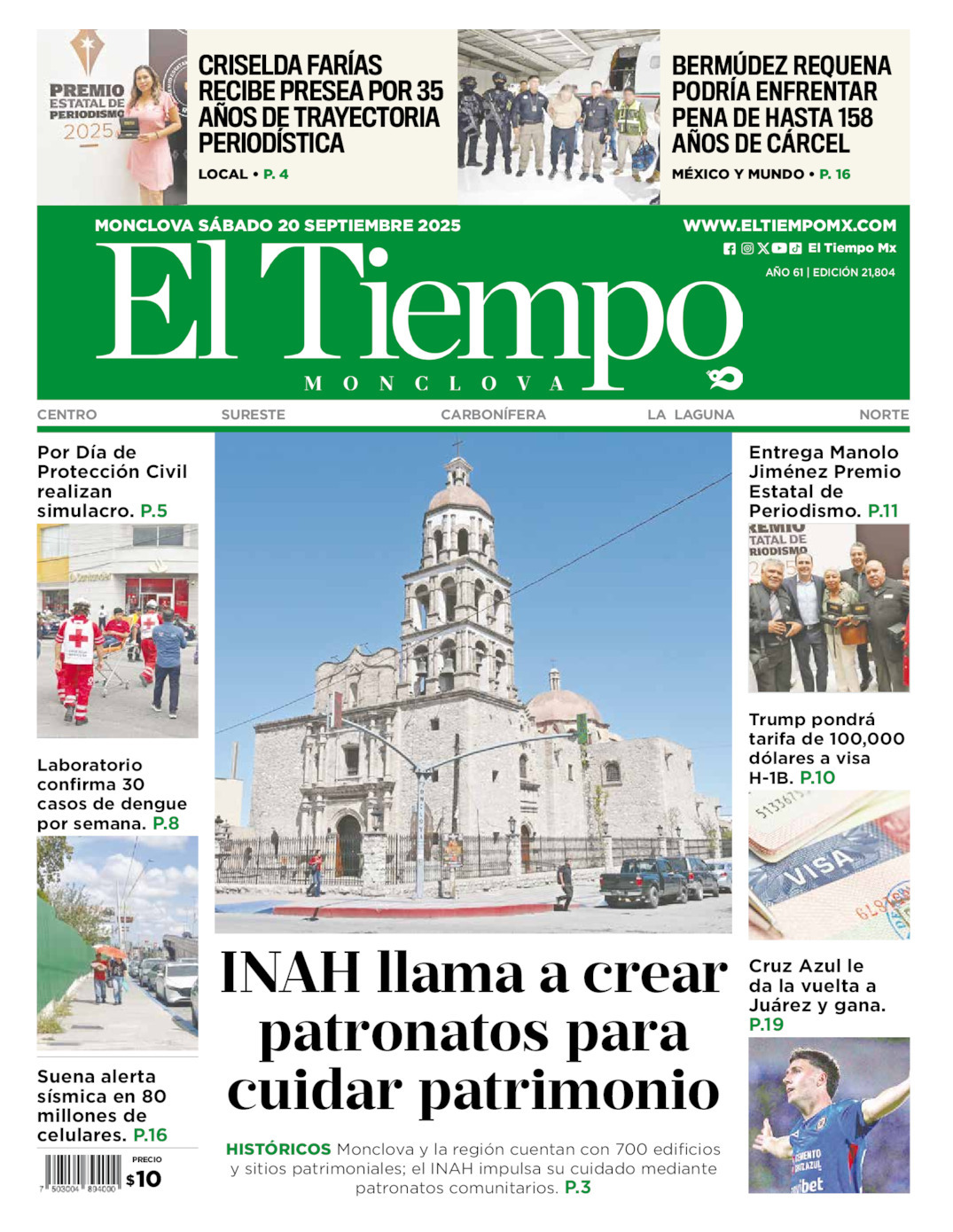 El Tiempo Monclova, edición del sábado 20 de septiembre de 2025