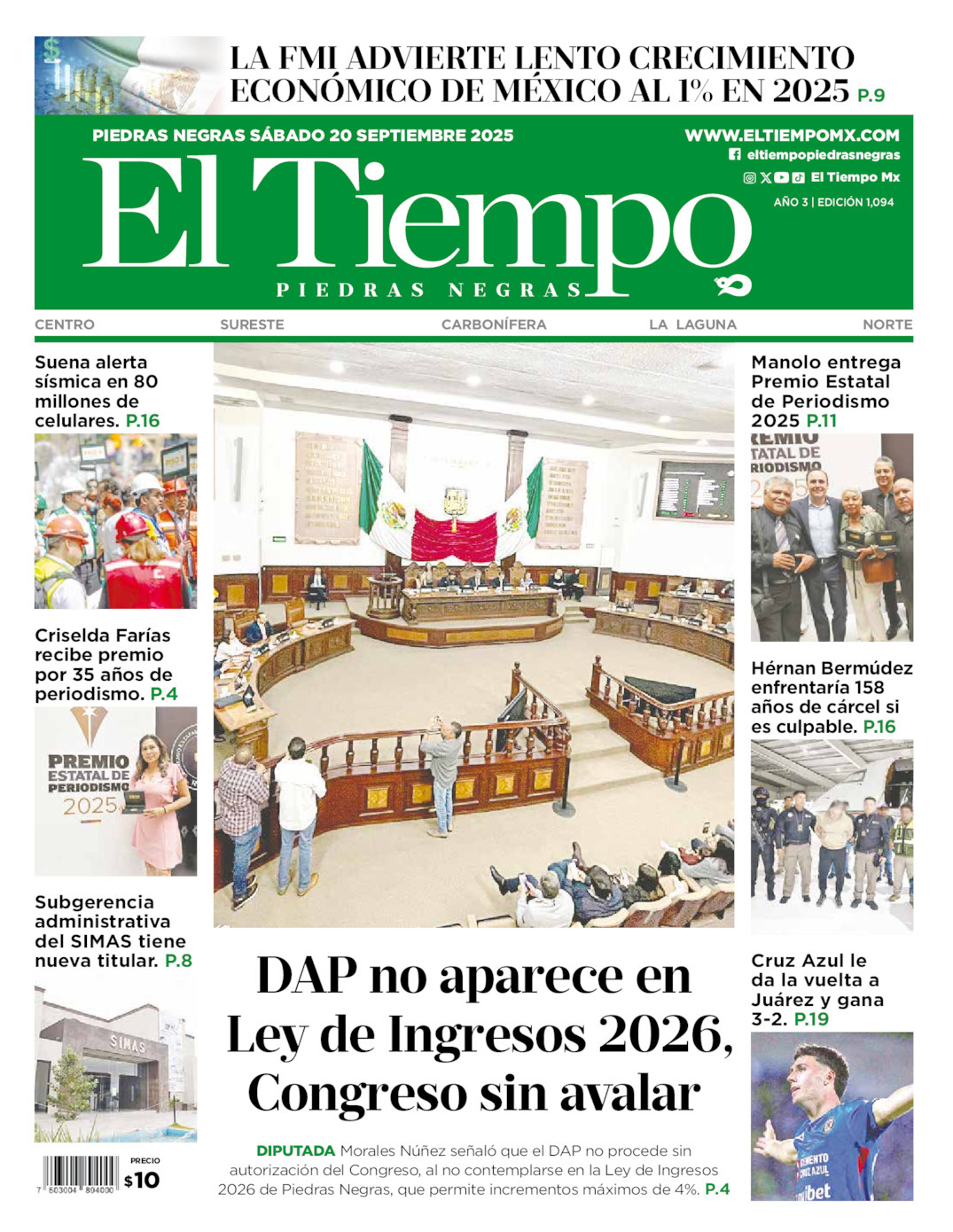 El Tiempo Piedras Negras, edición del sábado 20 de septiembre de 2025