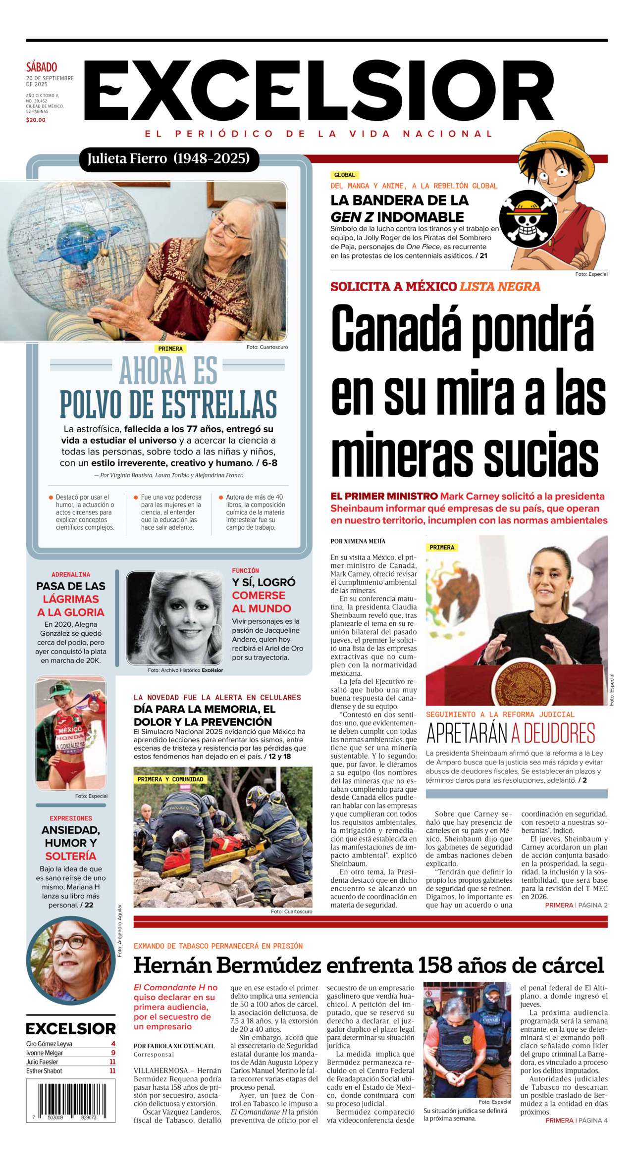 Excelsior, edición del sábado 20 de septiembre de 2025