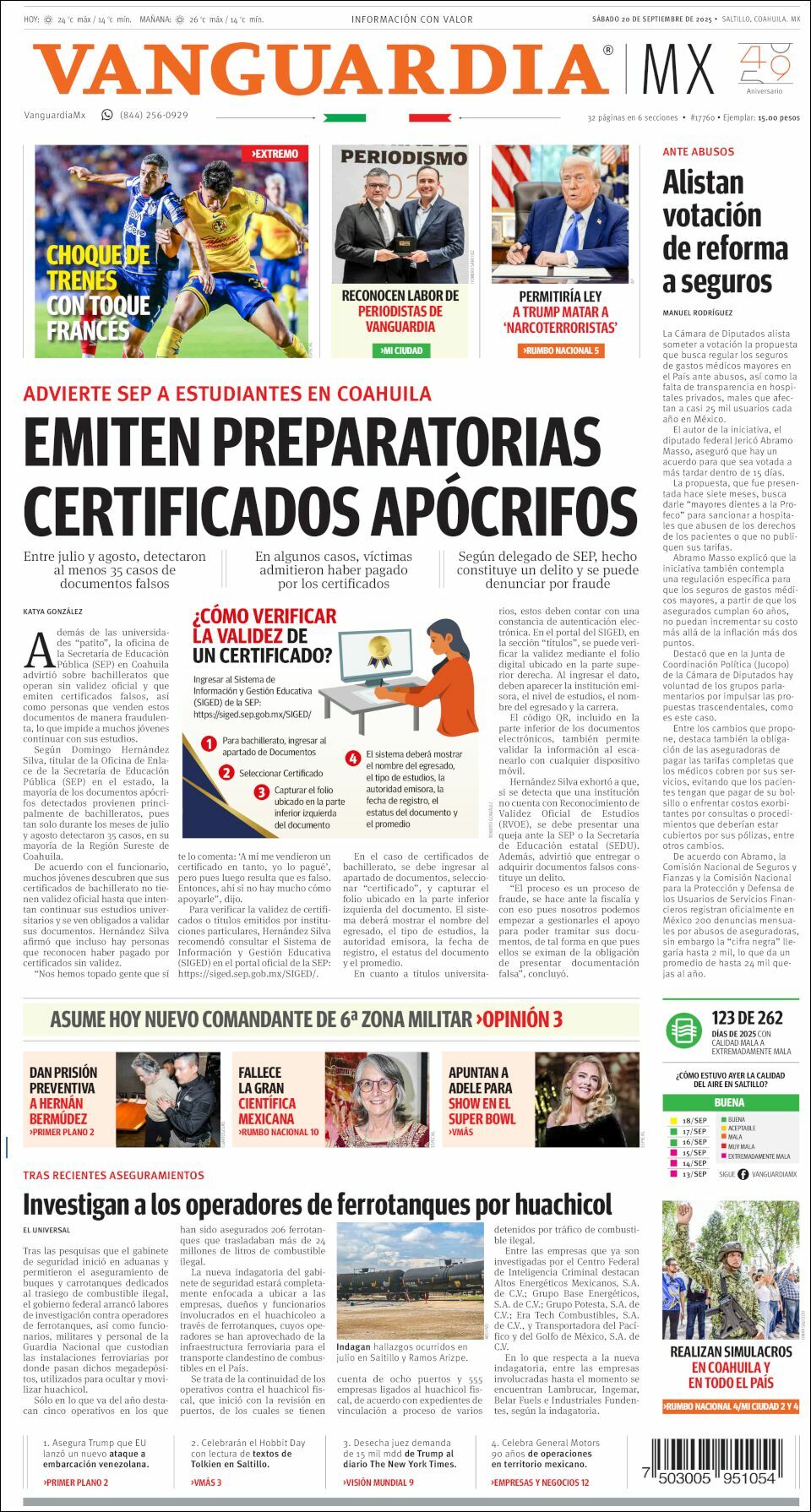 Vanguardia, edición del sábado 20 de septiembre de 2025