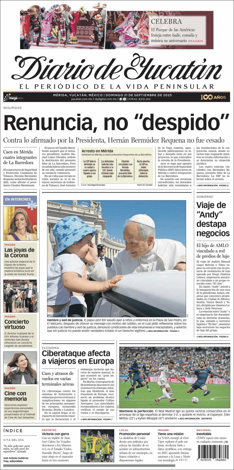 El Diario de Yucatán, edición del domingo 21 de septiembre de 2025