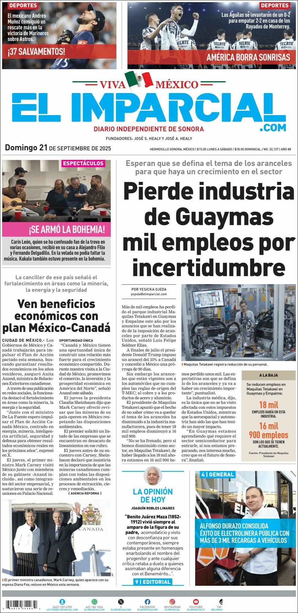 El Imparcial, edición del domingo 21 de septiembre de 2025