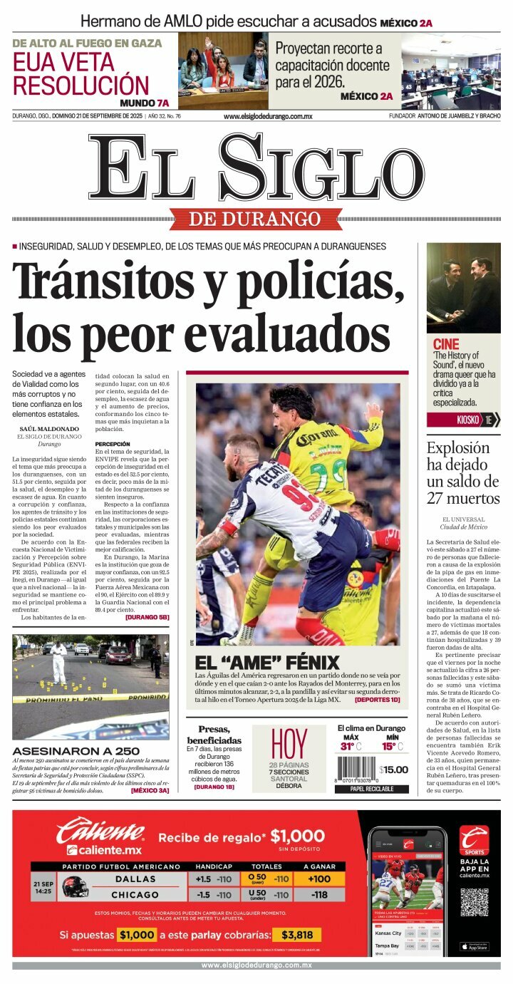 El Siglo de Durango, edición del domingo 21 de septiembre de 2025