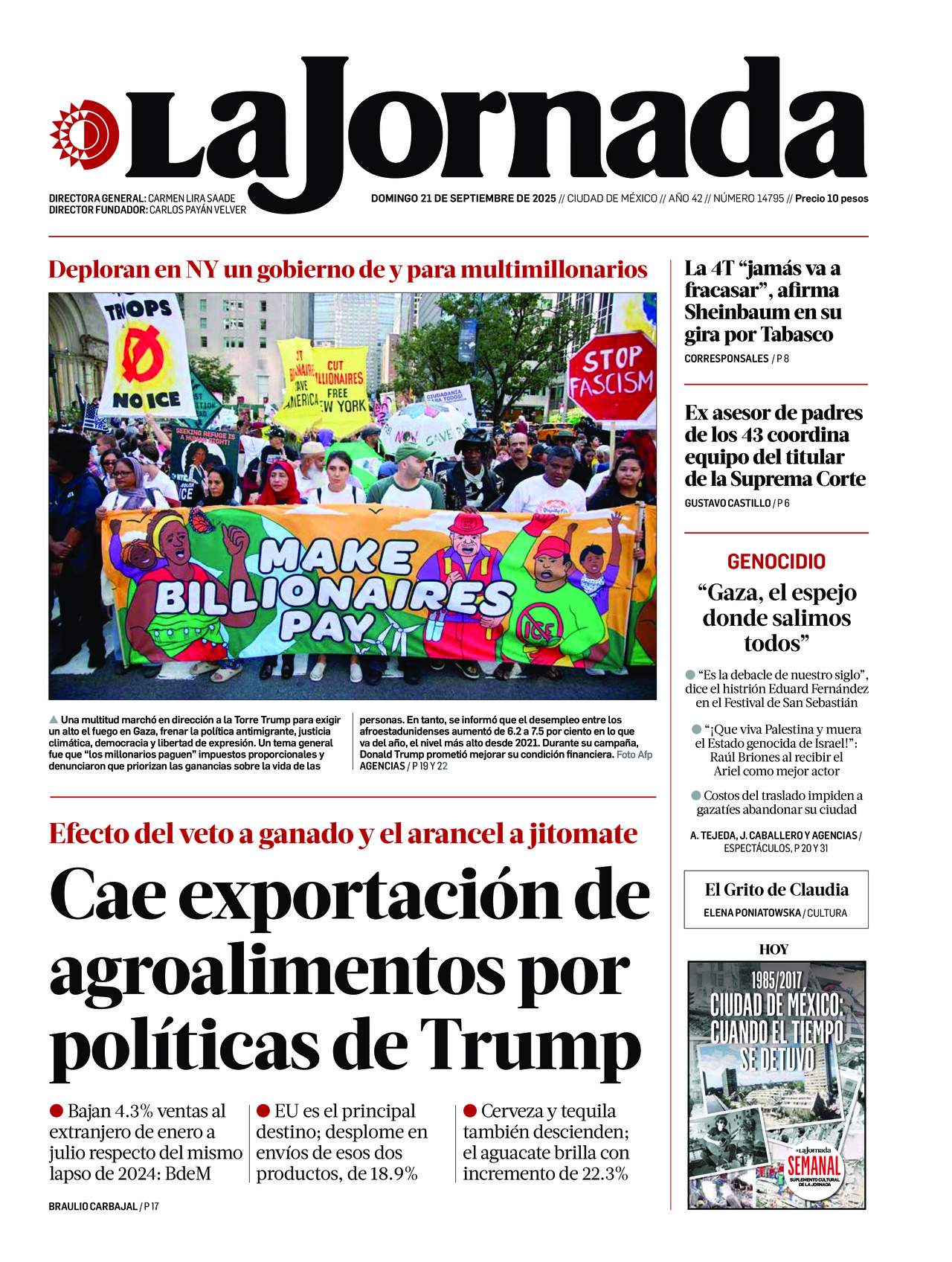 La Jornada, edición del domingo 21 de septiembre de 2025