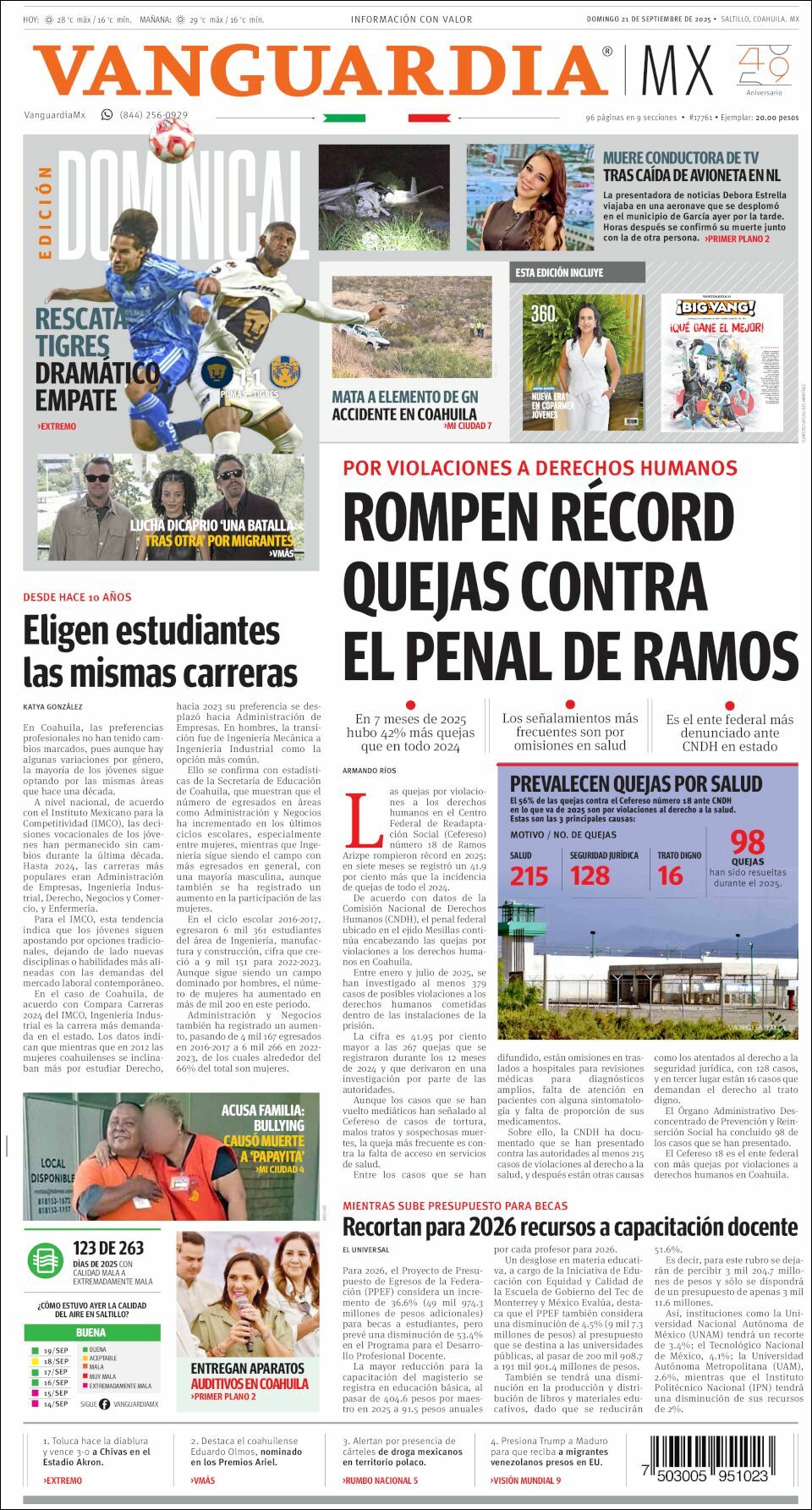 Vanguardia, edición del domingo 21 de septiembre de 2025