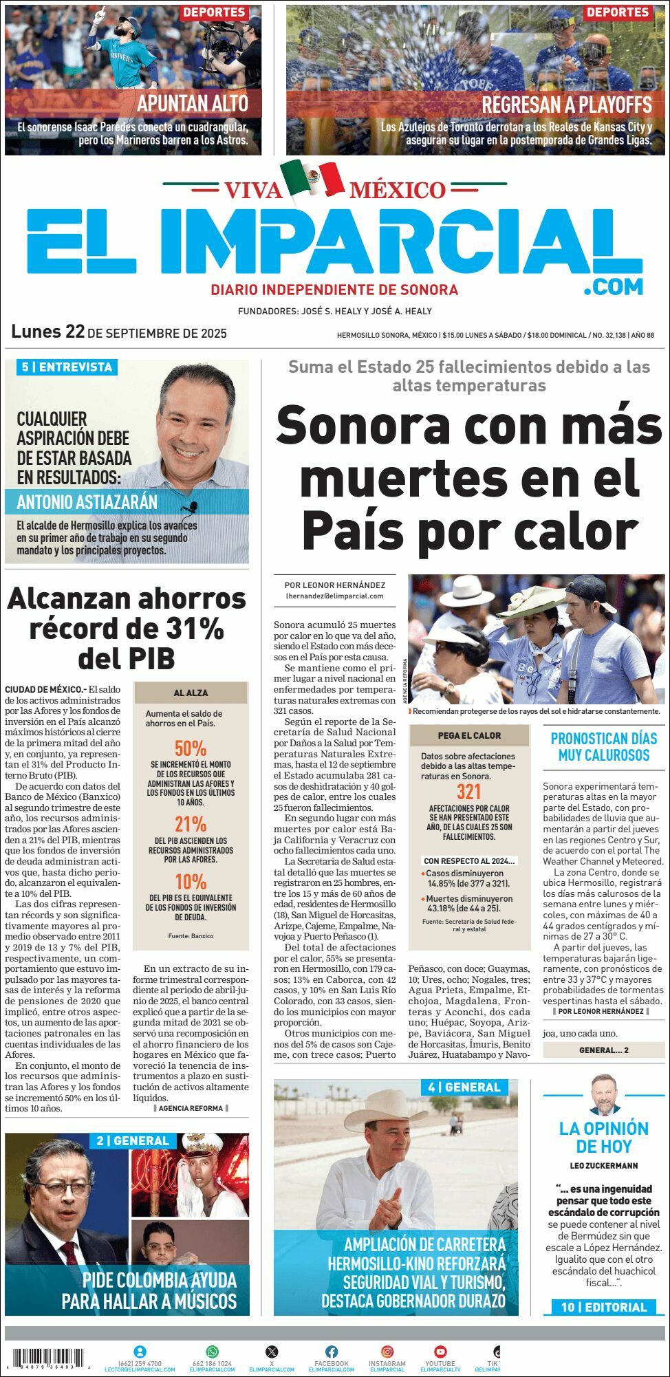 El Imparcial, edición del lunes 22 de septiembre de 2025