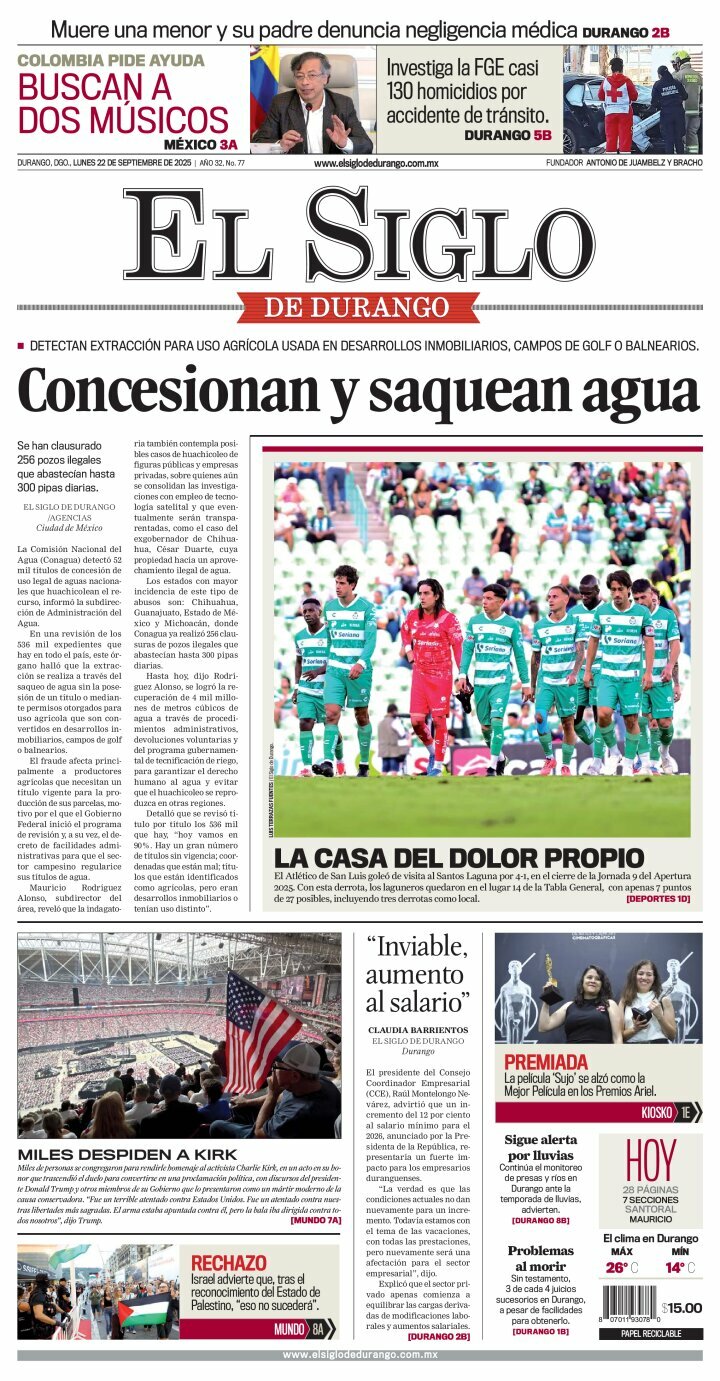 El Siglo de Durango, edición del lunes 22 de septiembre de 2025