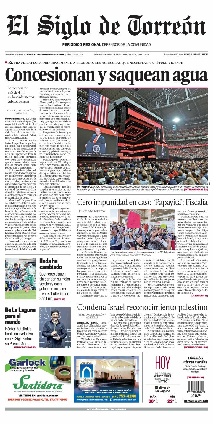 El Siglo de Torreón, edición del lunes 22 de septiembre de 2025