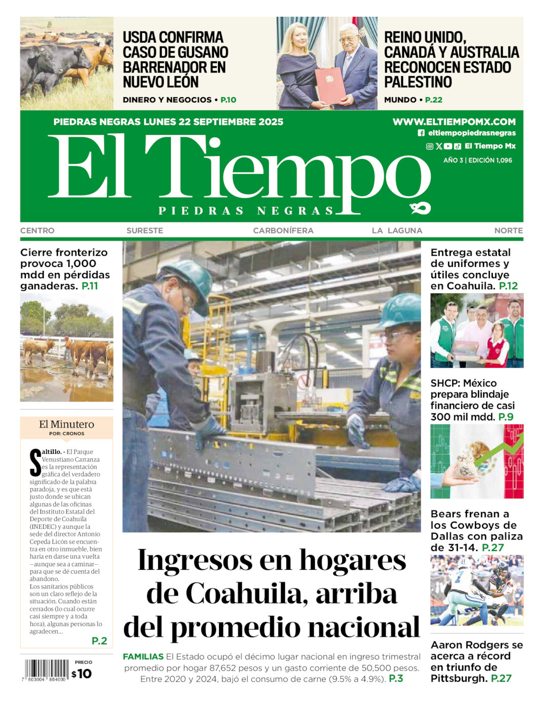 El Tiempo Piedras Negras, edición del lunes 22 de septiembre de 2025